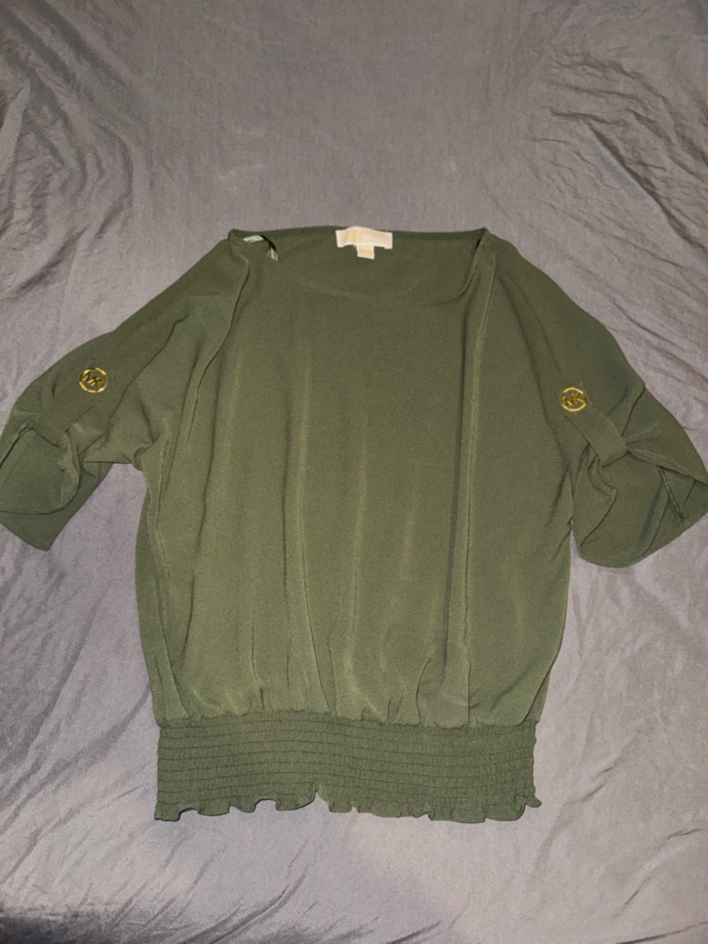 Michael Kors Olive Green Smocked-Hem Blouson Top with Gold Buttons